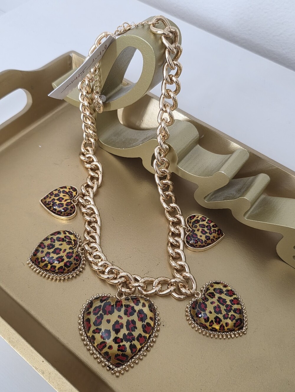 Betsey Johnson Gold-Tone Leopard Heart Charm Necklace by